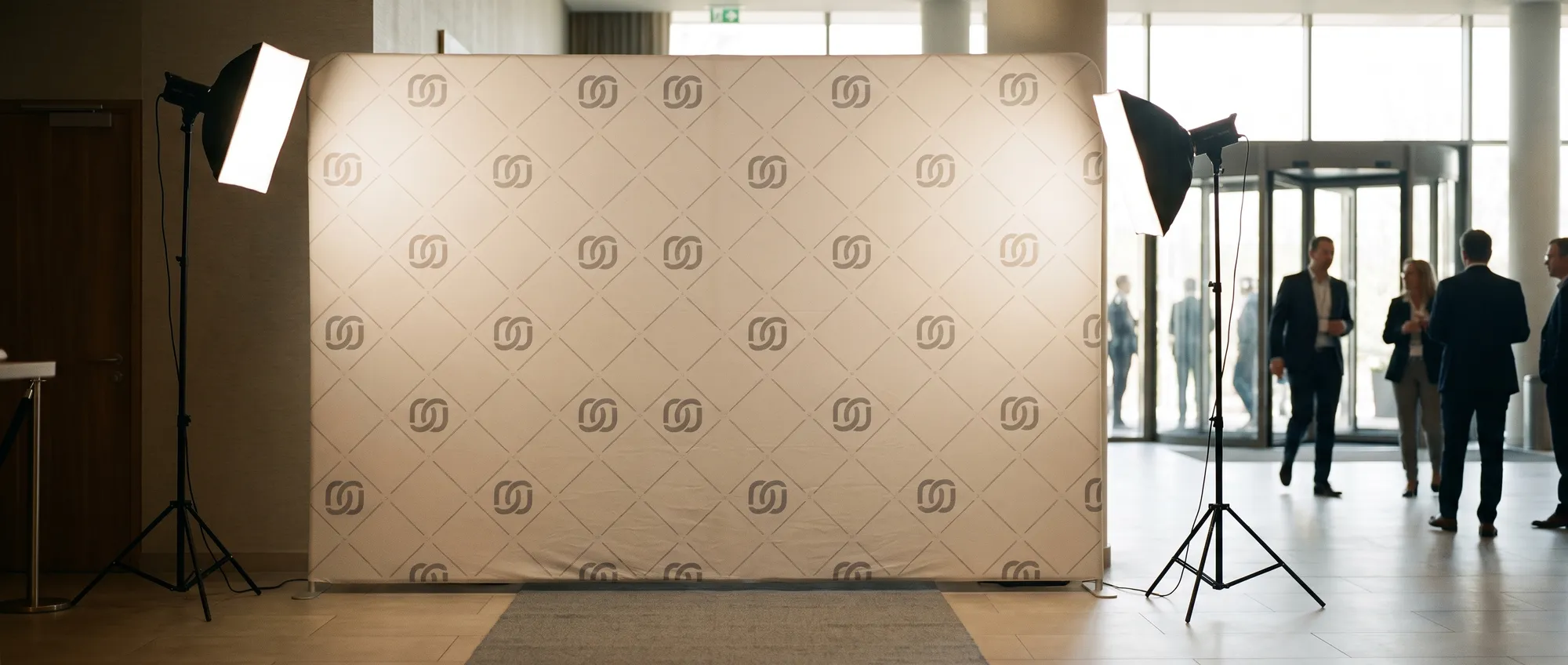 3-metre tension fabric step and repeat with a company logo repeated in a tiled pattern, set up at the entrance to a corporate event