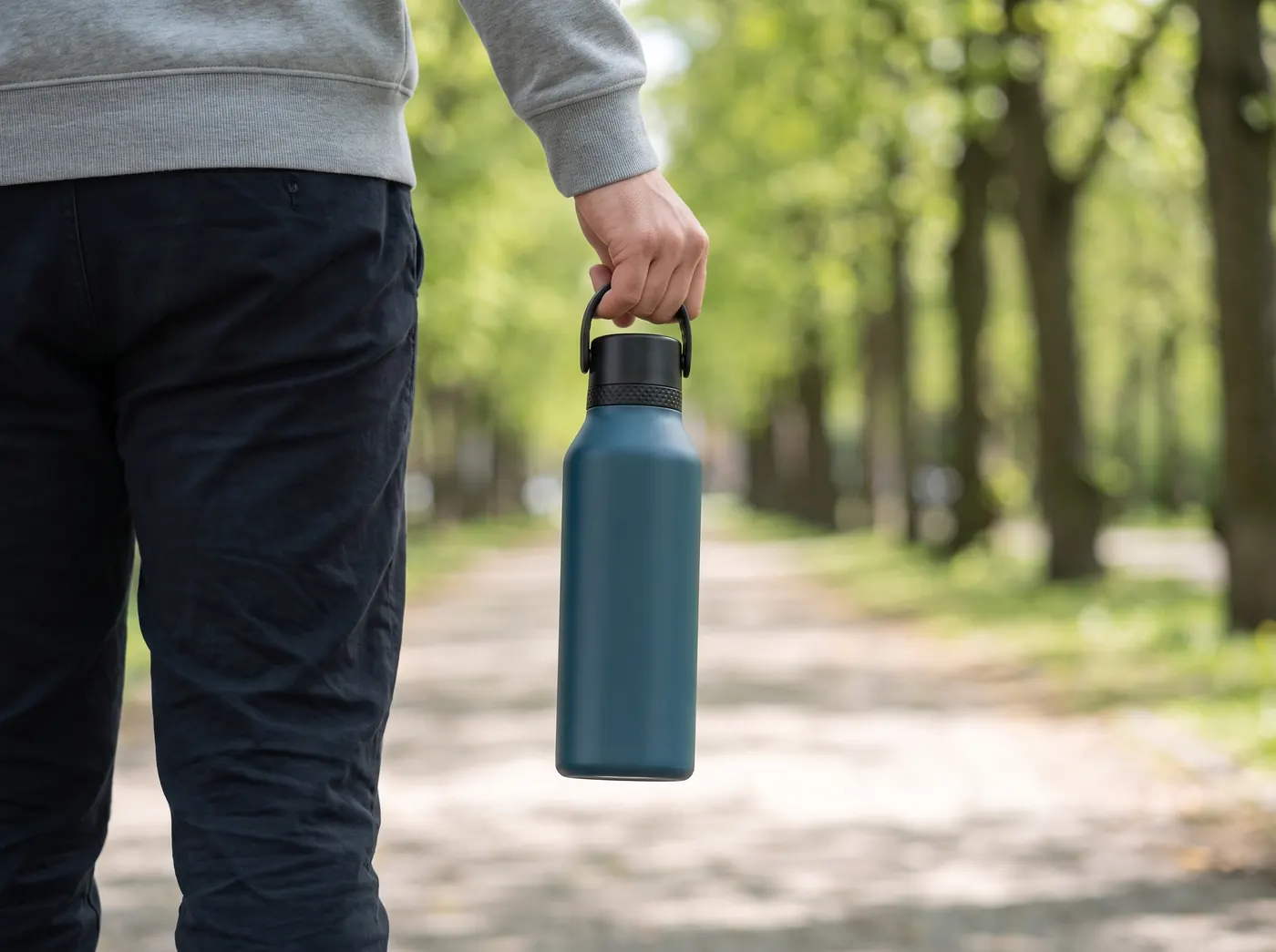 A person walks through a park with a blue Runbott thermal bottle in hand