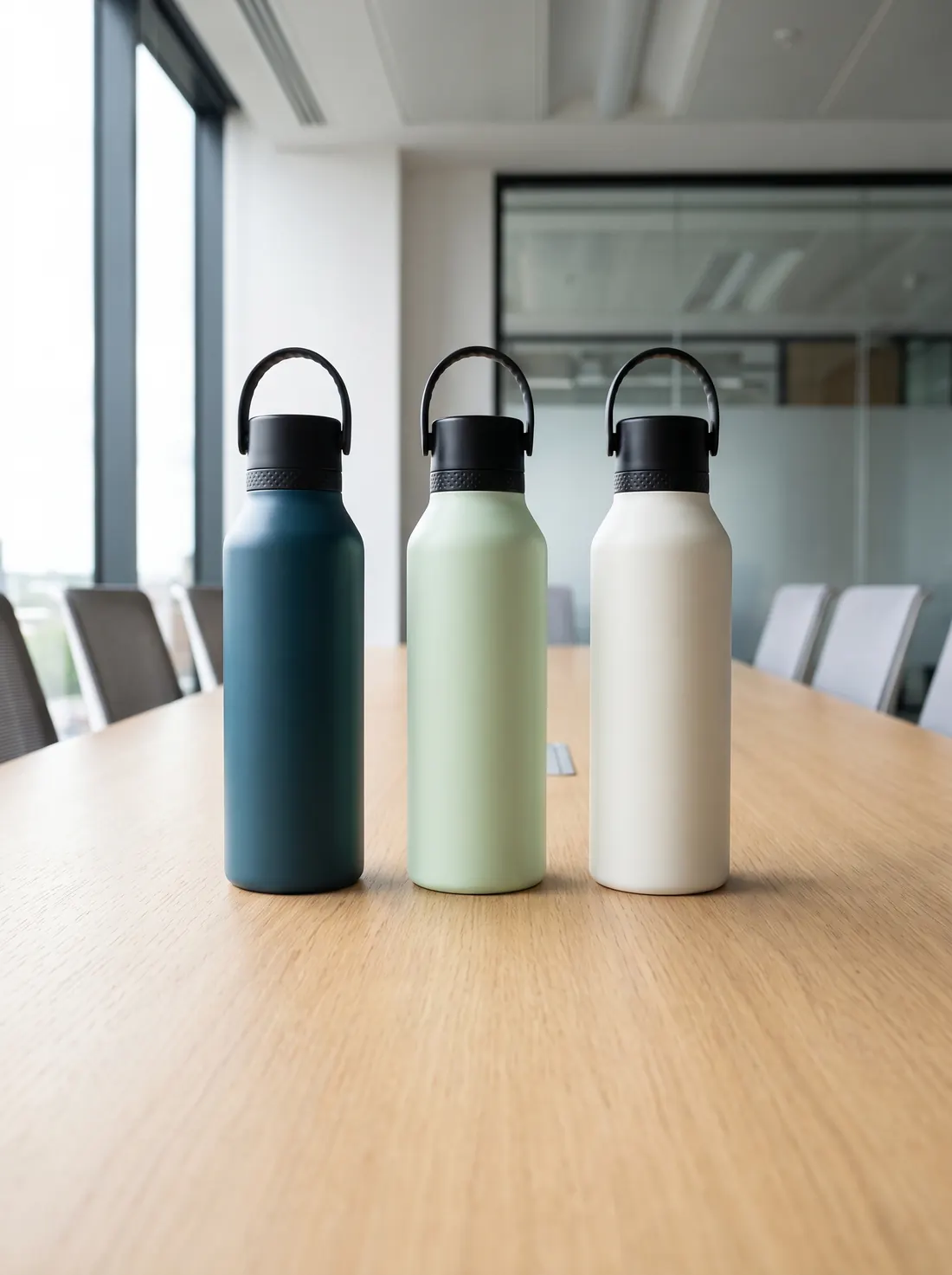 Four colourful Runbott thermal bottles lined up on a meeting table